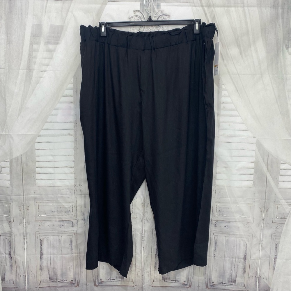 NEW Calvin Klein Pants 3X Black Linen Blend Wide Leg Crop Pull On Elastic Waist